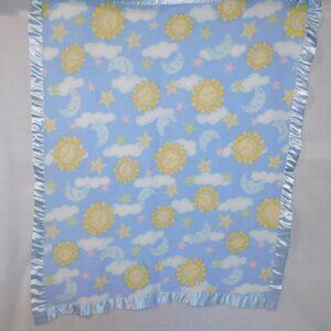 VTG Blue Yellow Sun Moon Clouds Stars Fleece Baby Blanket satin trim 34" x 40"